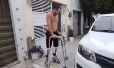 Aluno atingido por aparelho de academia volta a ficar em pé com ajuda de andador, oito meses após acidente, no Ceará