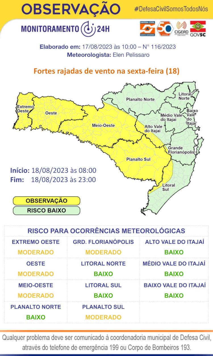 Defesa Civil do Estado alerta para fortes rajadas de vento nesta sexta em SC
